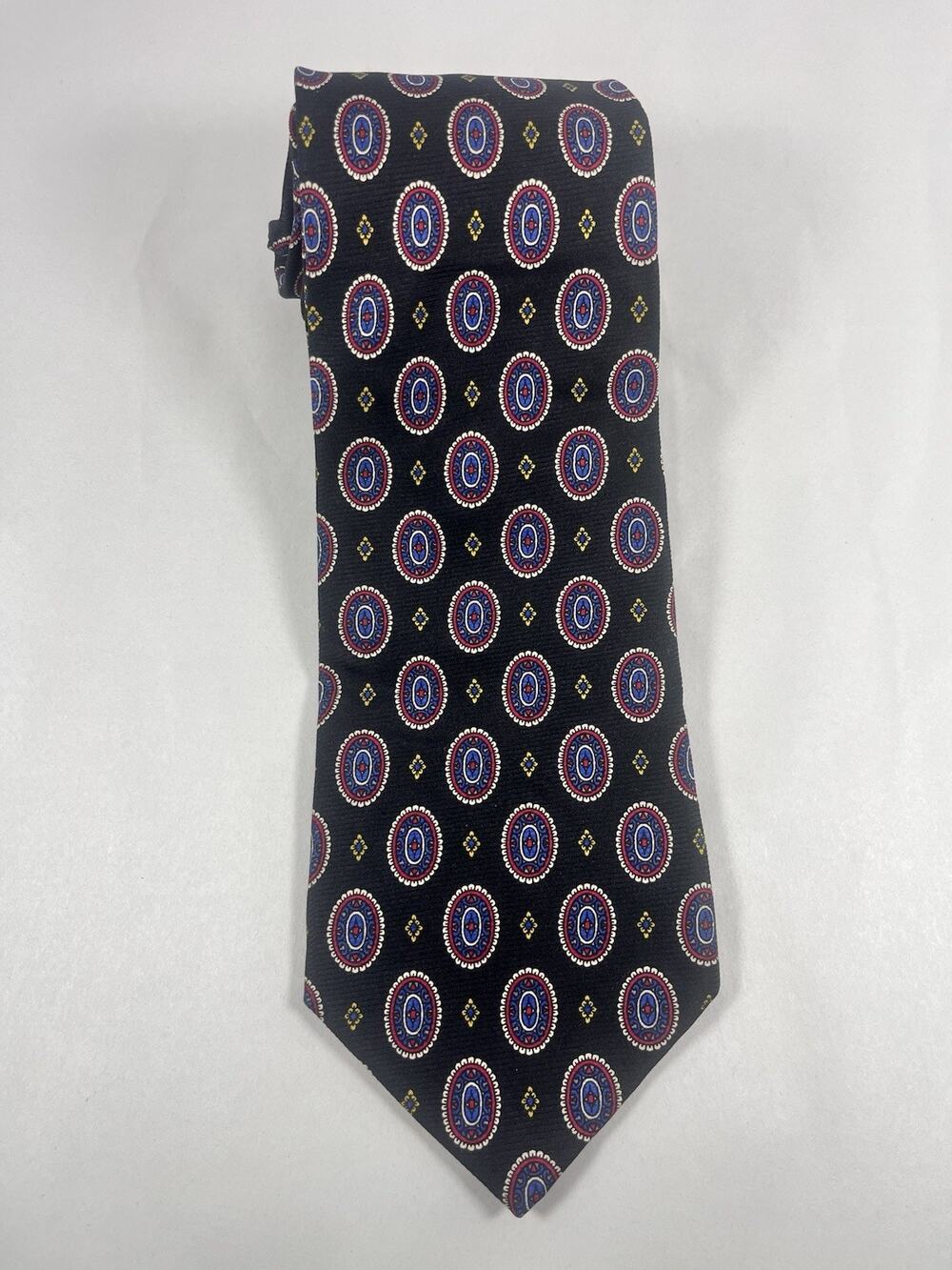 Brooks Brothers Makers Mens Silk Tie Geometric Medallion Navy Blue Red USA Made